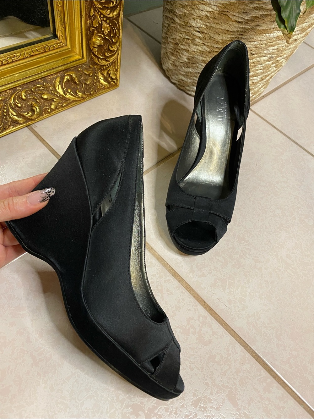 LOFT Black Satin Peep-Toe Wedges